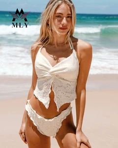 OEM Custom White Lace Bikini Set Halter Top Cutout Sumwe Wear Two Piece Bathing Suits for Women Designer