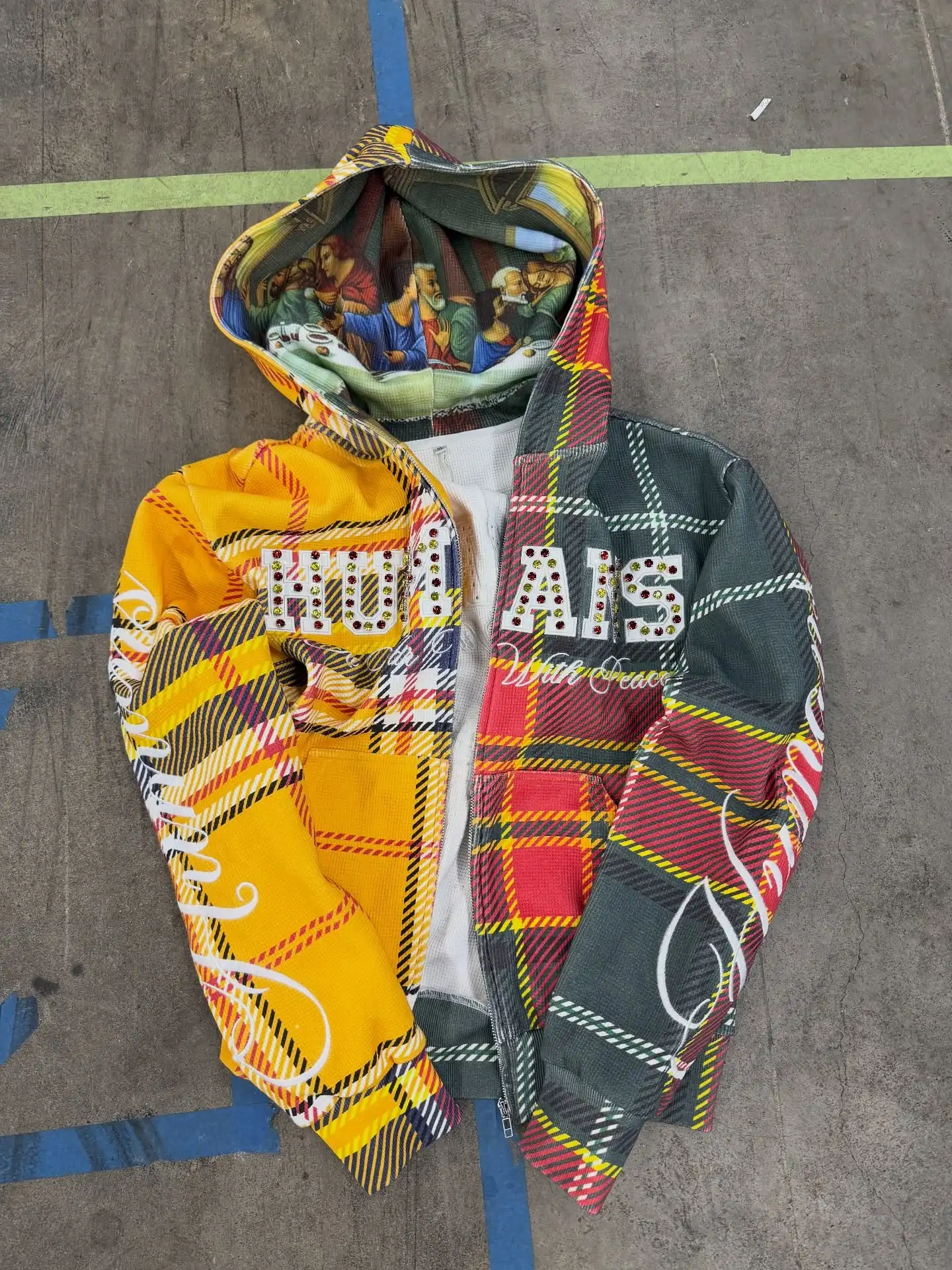 Custom Color Blocked Zip up Jacket Oversized Cotton Terry Acid Wash Cut and Sew Striped Plaid Rhinestone Flannel Hoodie Men
