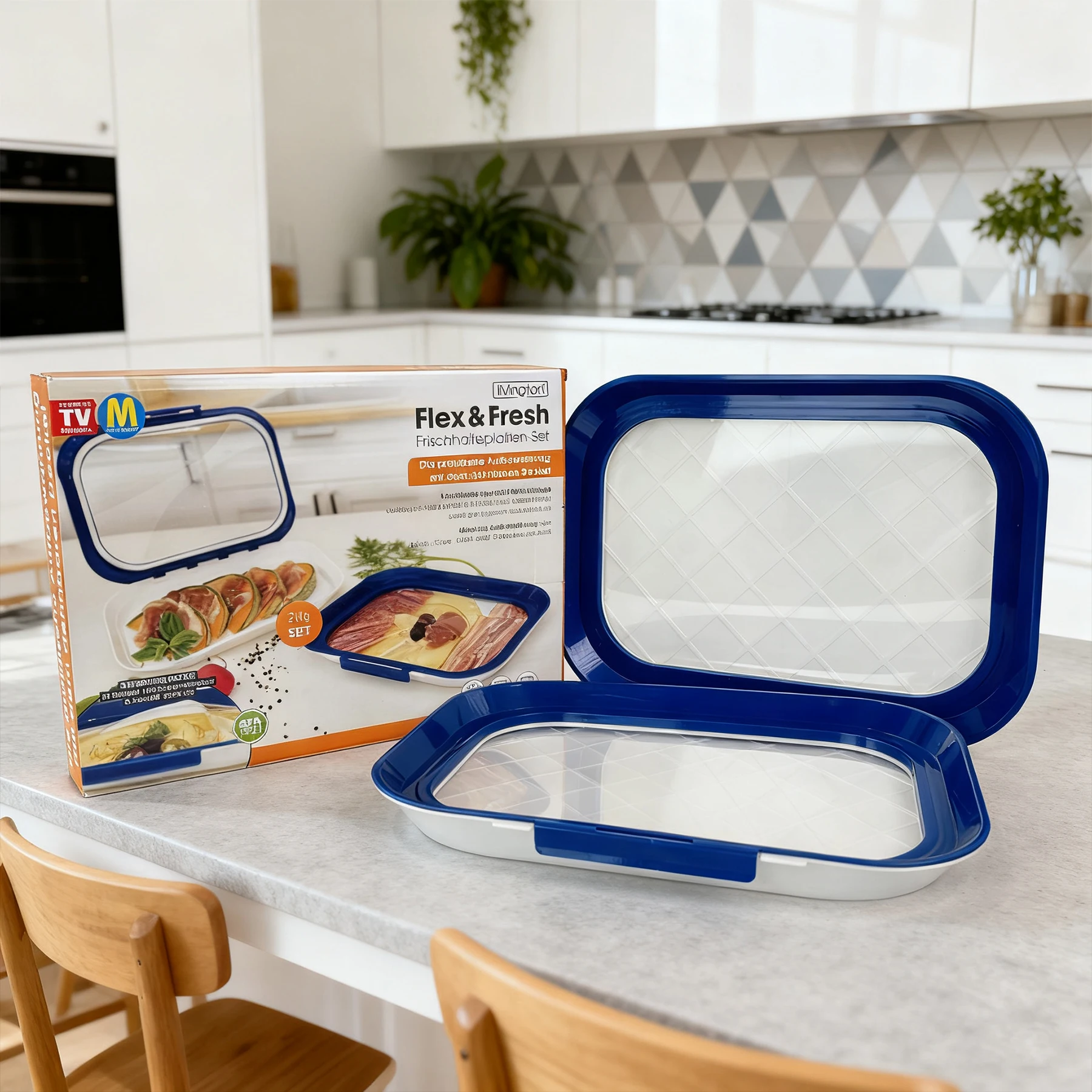Moderne kreativ rektangulær plast serveringsfat, gjenbrukbart vakuumbevaringsfat for fersk mat i fargeeske til kjøkkenet