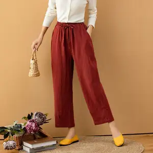Cotton Pants Custom Trousers Women Straight Wide Leg Pants Casual Trousers With Belt Elastic Waist Trouser Available Big Size
