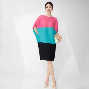Miyake Dress Women's Elegant Dress Bat Sleeve Summer New Fashion Large Size Casual Midi Dress