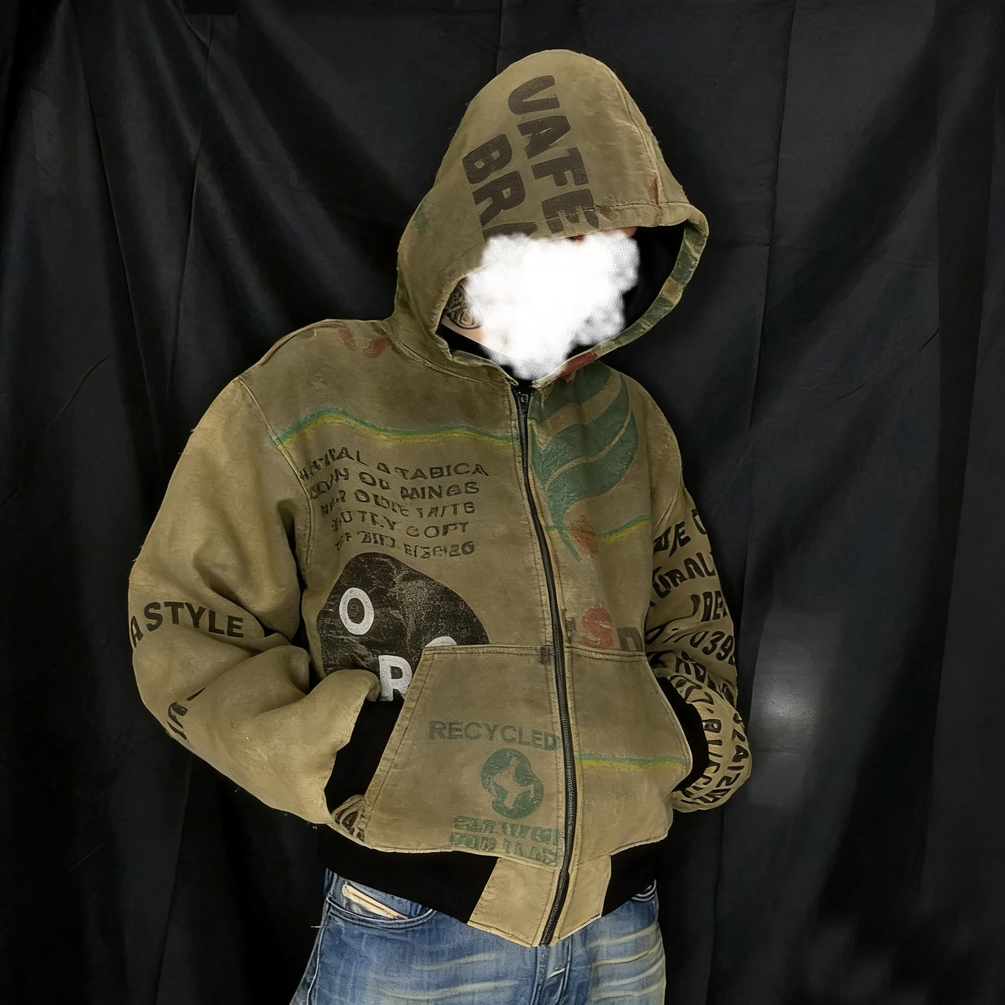Work Jacket Stonewash Zipper Zip up Custom Embroidery Patch Cropped Washed Vintage Applique Hoodie Jacket for Men