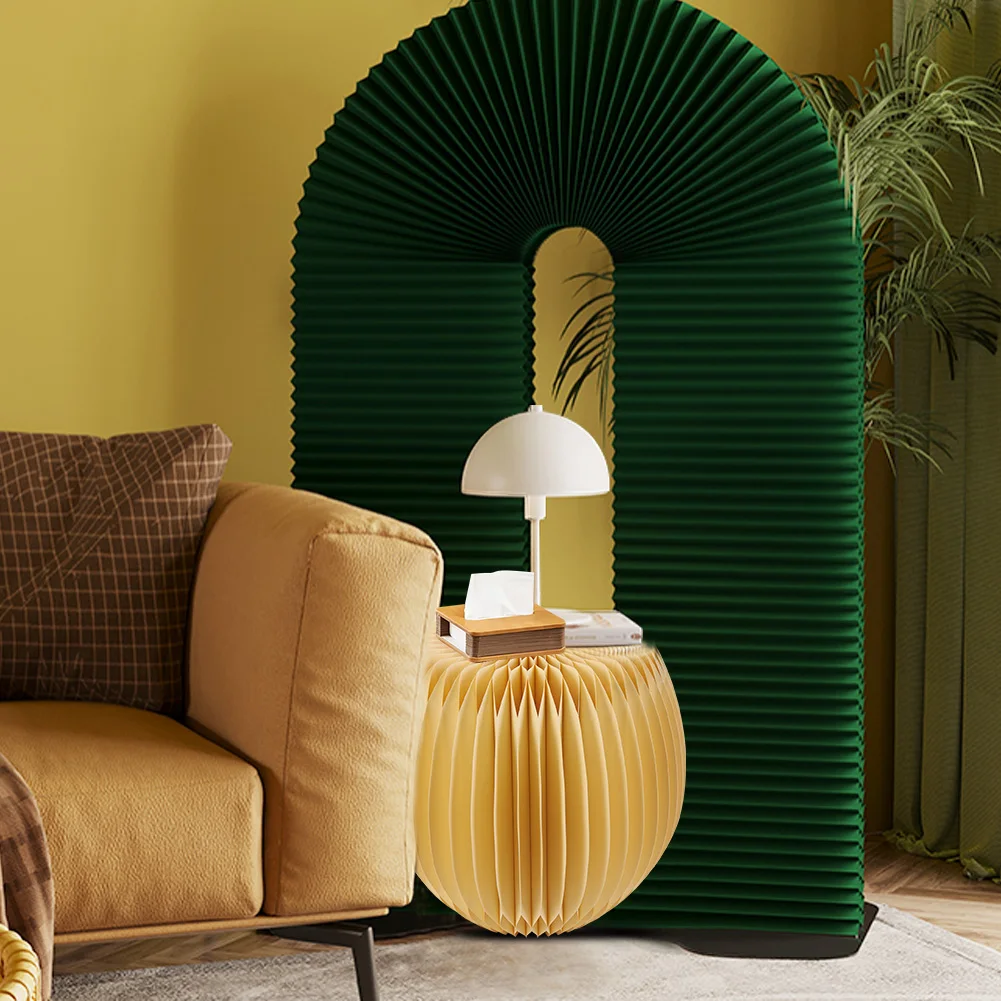 Tabouret Pliant Rond En Papier Kraft Jaune – Compact, Design Accordéon, Peu Encombrant