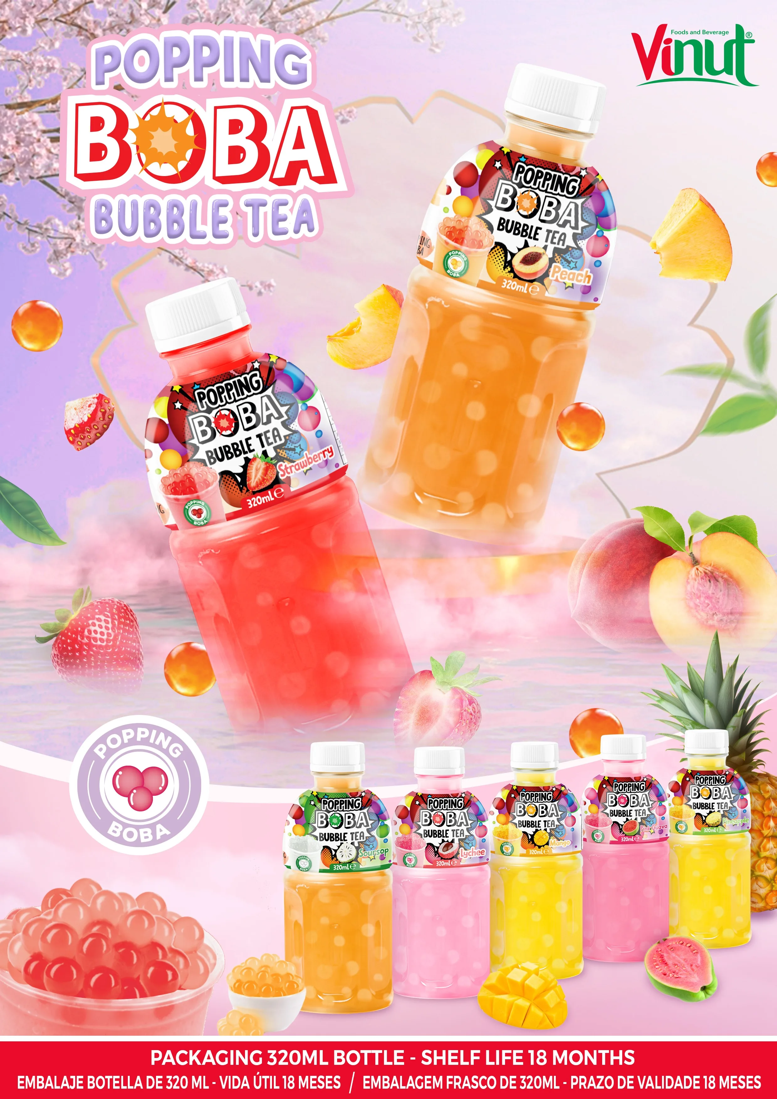 330ml Vinut Popping Boba Bubble tea Lychee juice drink (Manufacturer Private label OEM)