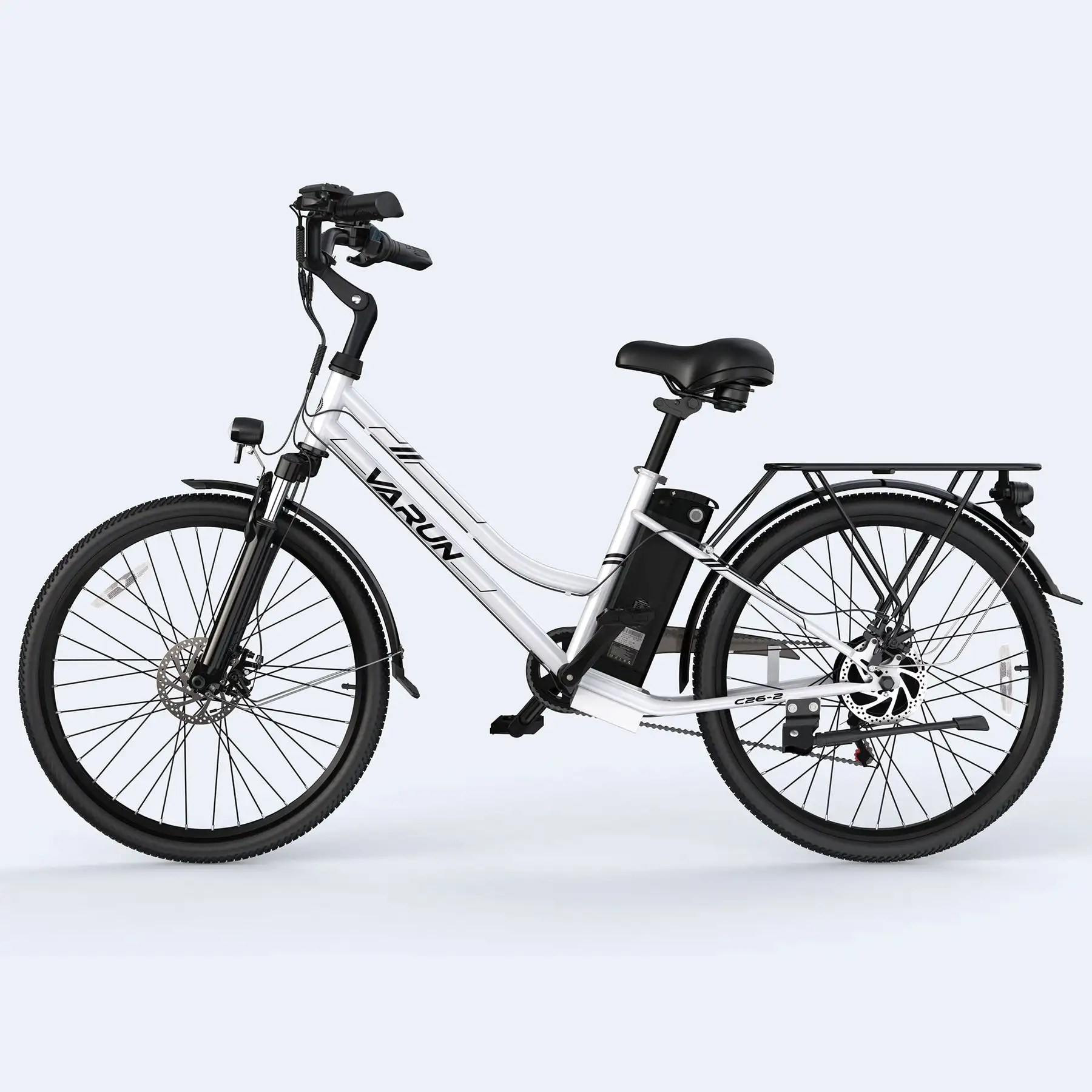 VARUN C26 White Commuter Electric Bike 250w Rear Hub Motor Integrated Lithium Battery Smart Electronic 50km Range Per 60km Max