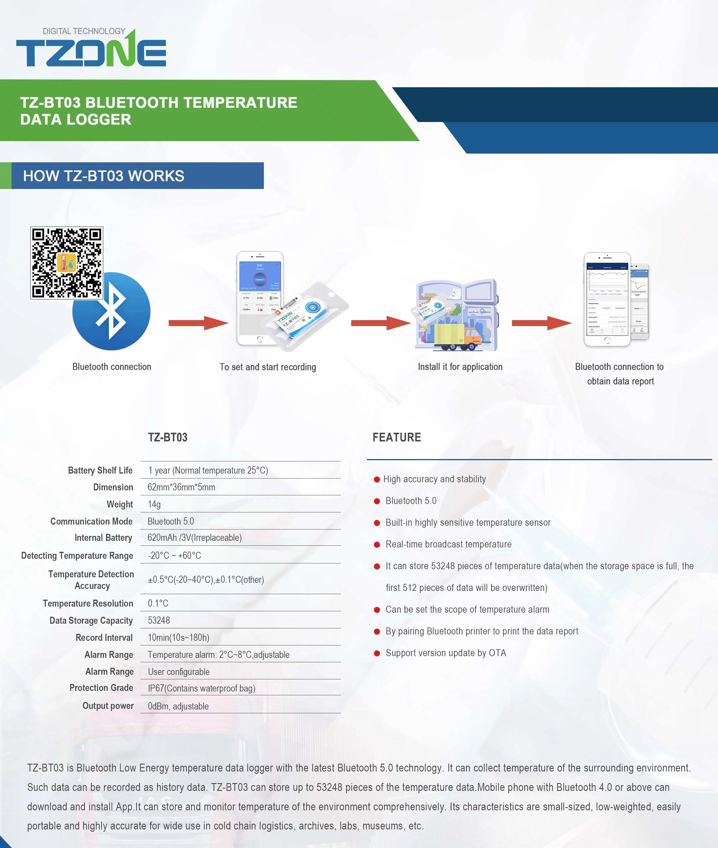 Bt03 Datalogger Bluetooth Temperature Sensor Recorder Wireless
