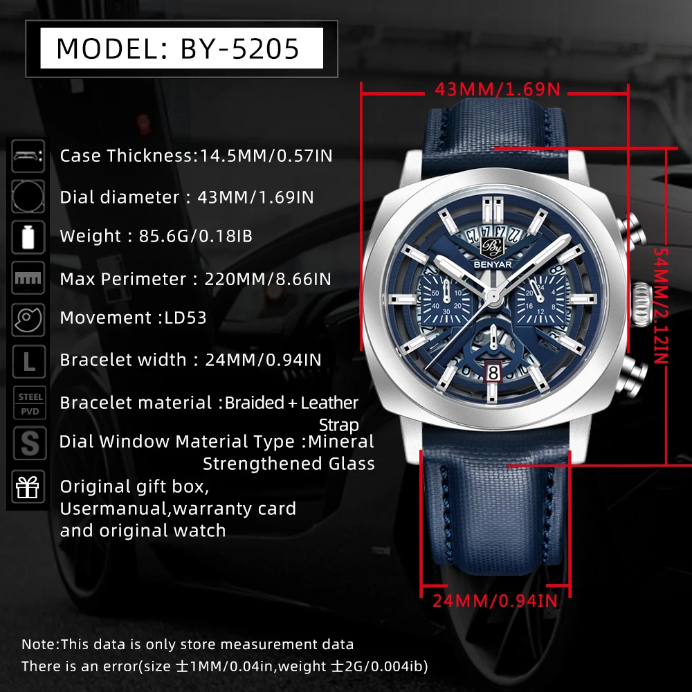 Benyar 5205 New Fashionable 43mm Luminous Dial Men's Quartz Wristwatch Chronograph 50m Waterproof Men's Watch Masculino