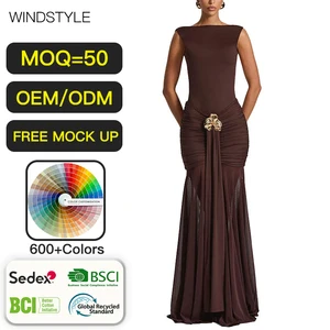 OEM/ODM Dresses for Women Sexy Brown Long Dresses Summer Sleeveless Backless Split Pleated Waist Party Dresses