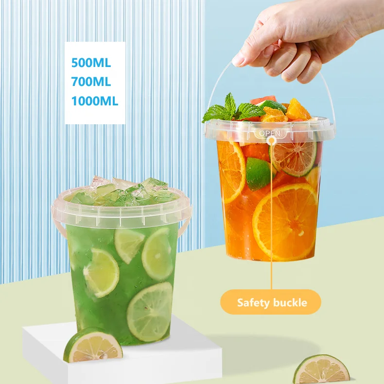 Wholesale Disposable 1000ML PP Plastic Drink Yogurt Milk Tea Fruits Container Clear Bucket Cups With Lid with handle