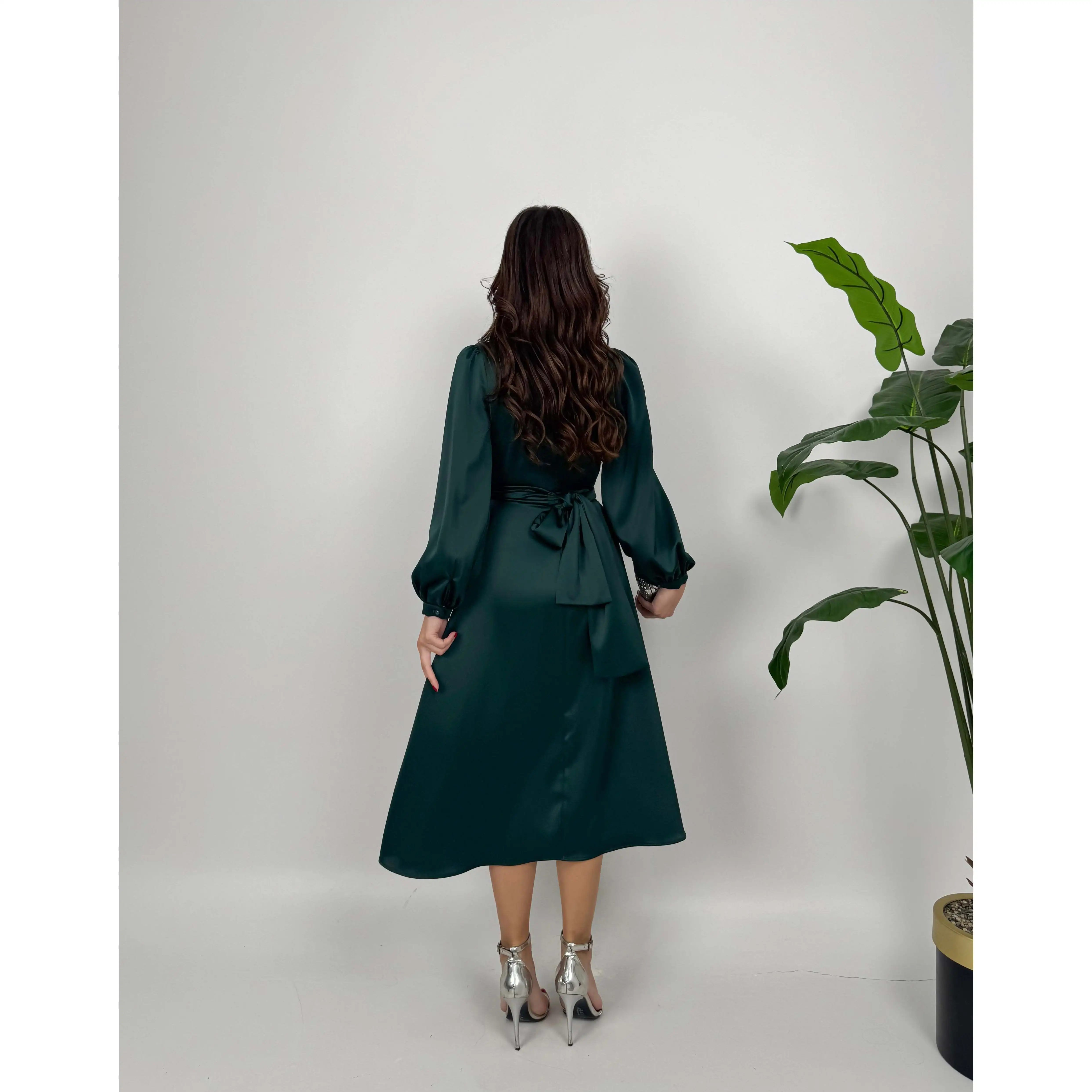 2052 A-Line Satin Belted Dress with Natural Waistline