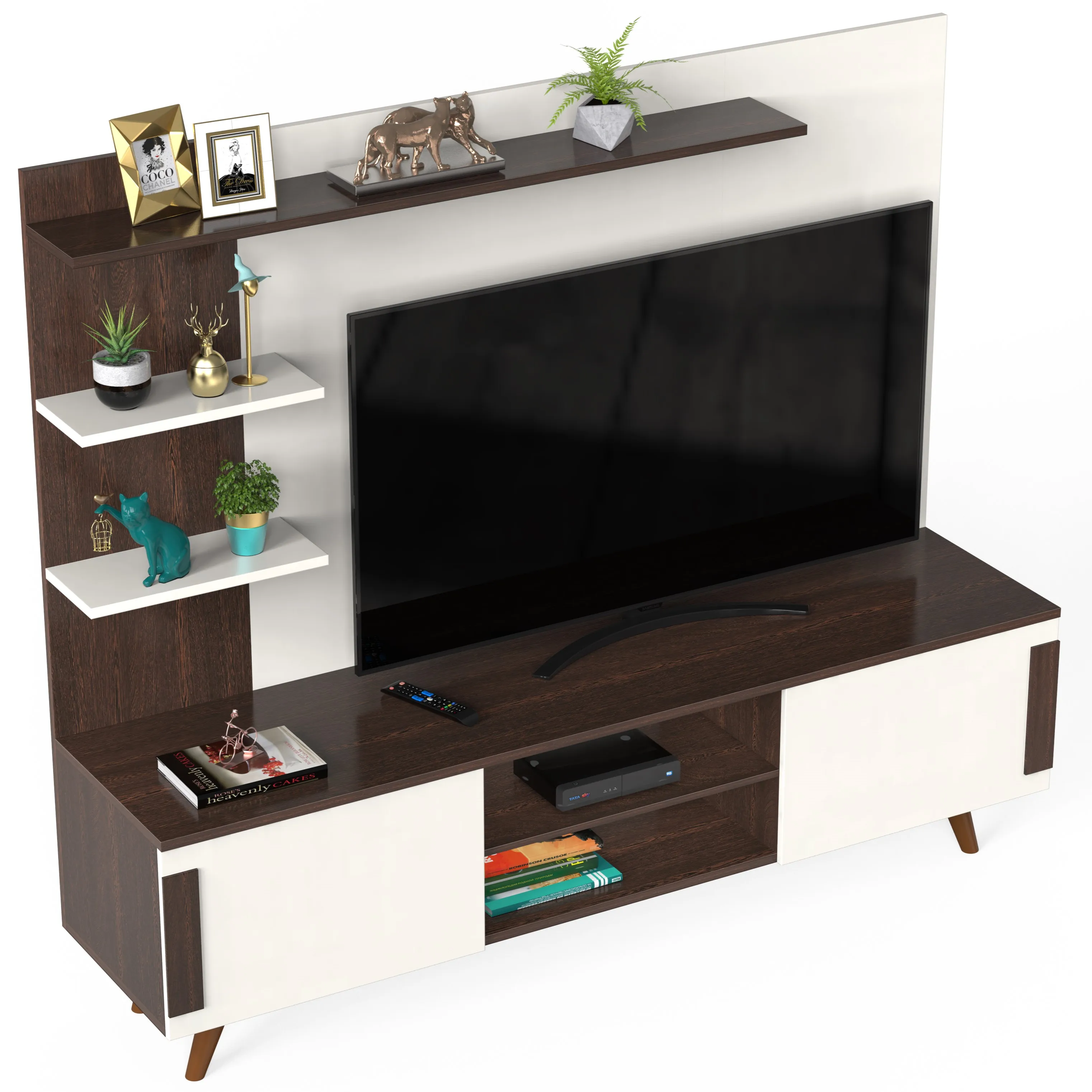 BLUEWUD Rowlet Mini Wooden Floor Standing TV Unit With Shelves for