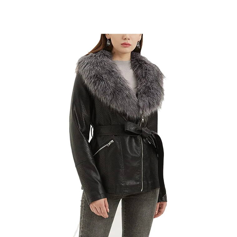 Customized High Quality Ladies Leather Jacket With Fur Collar Reversible And Waterproof Design Women