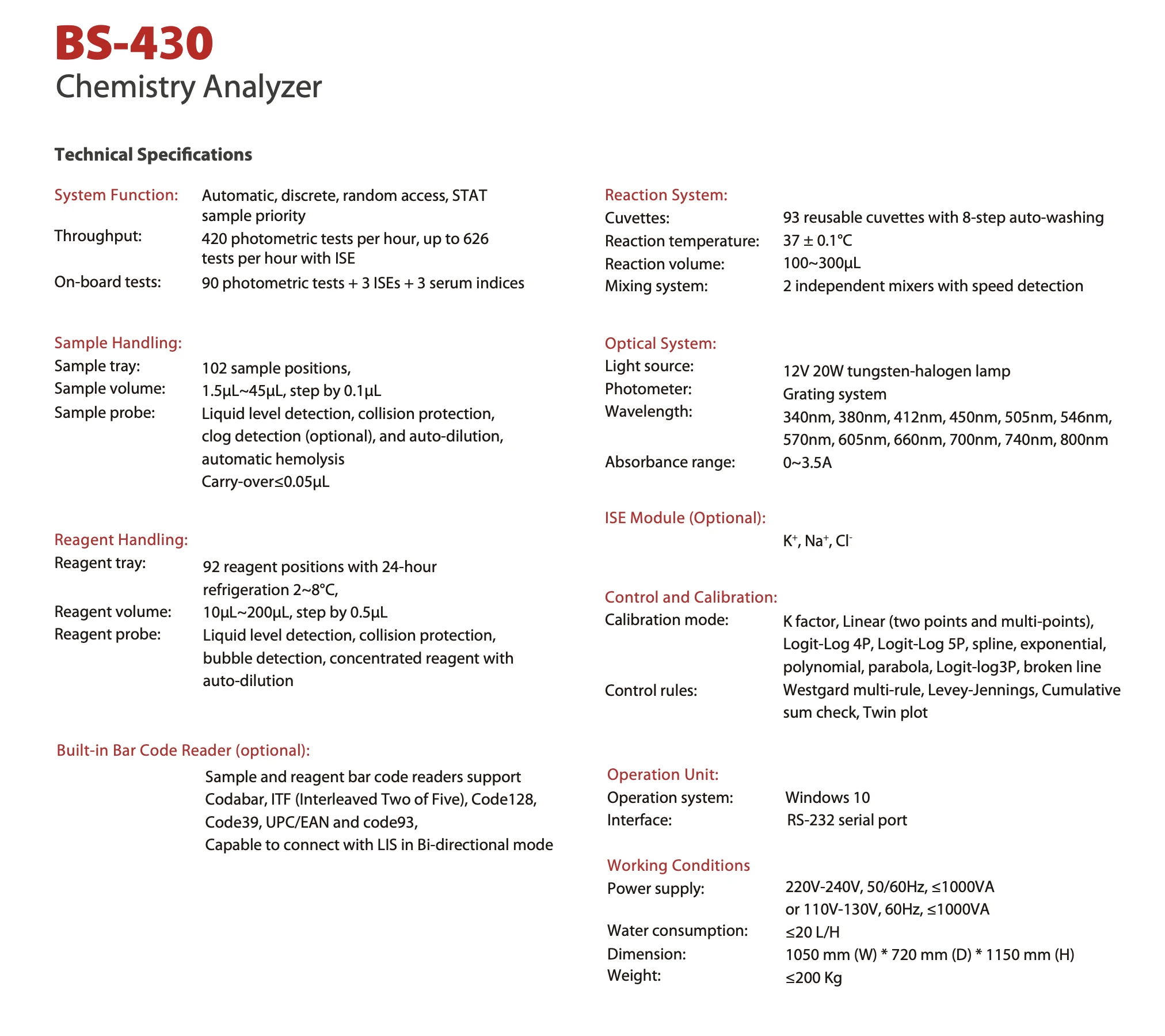 Mindray BS430 BS450 Clinical Chemistry Analyzers Reliable & Efficient