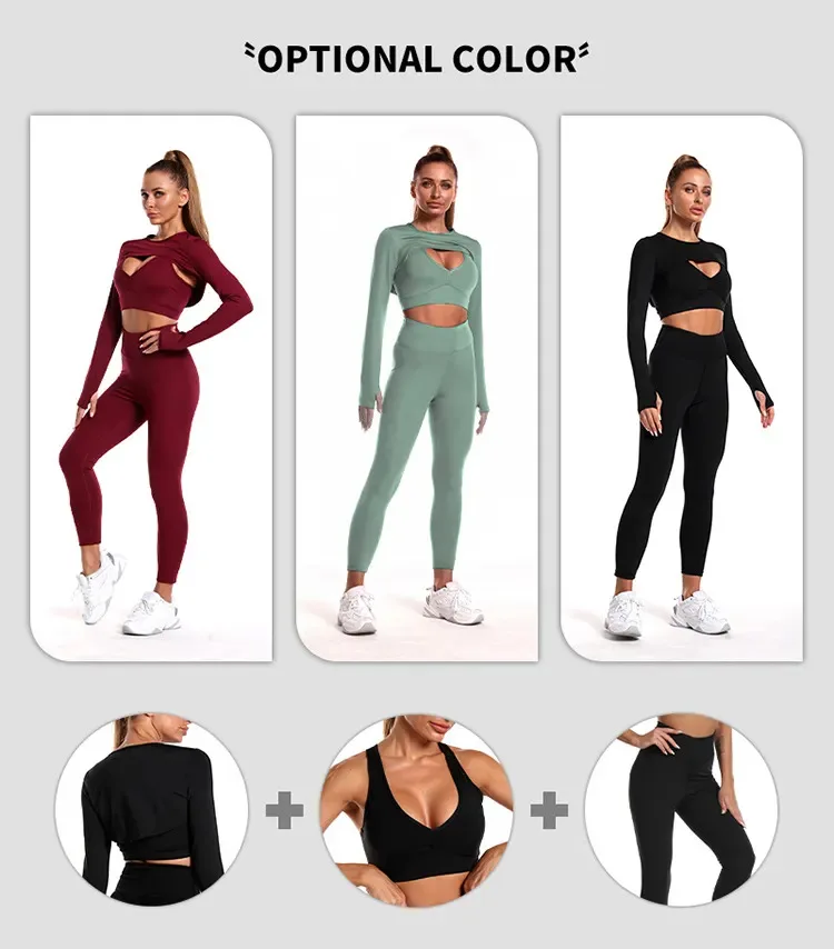 2023 New Women Yoga Suit Seamless Long Sleeve Crop Top And Leggings