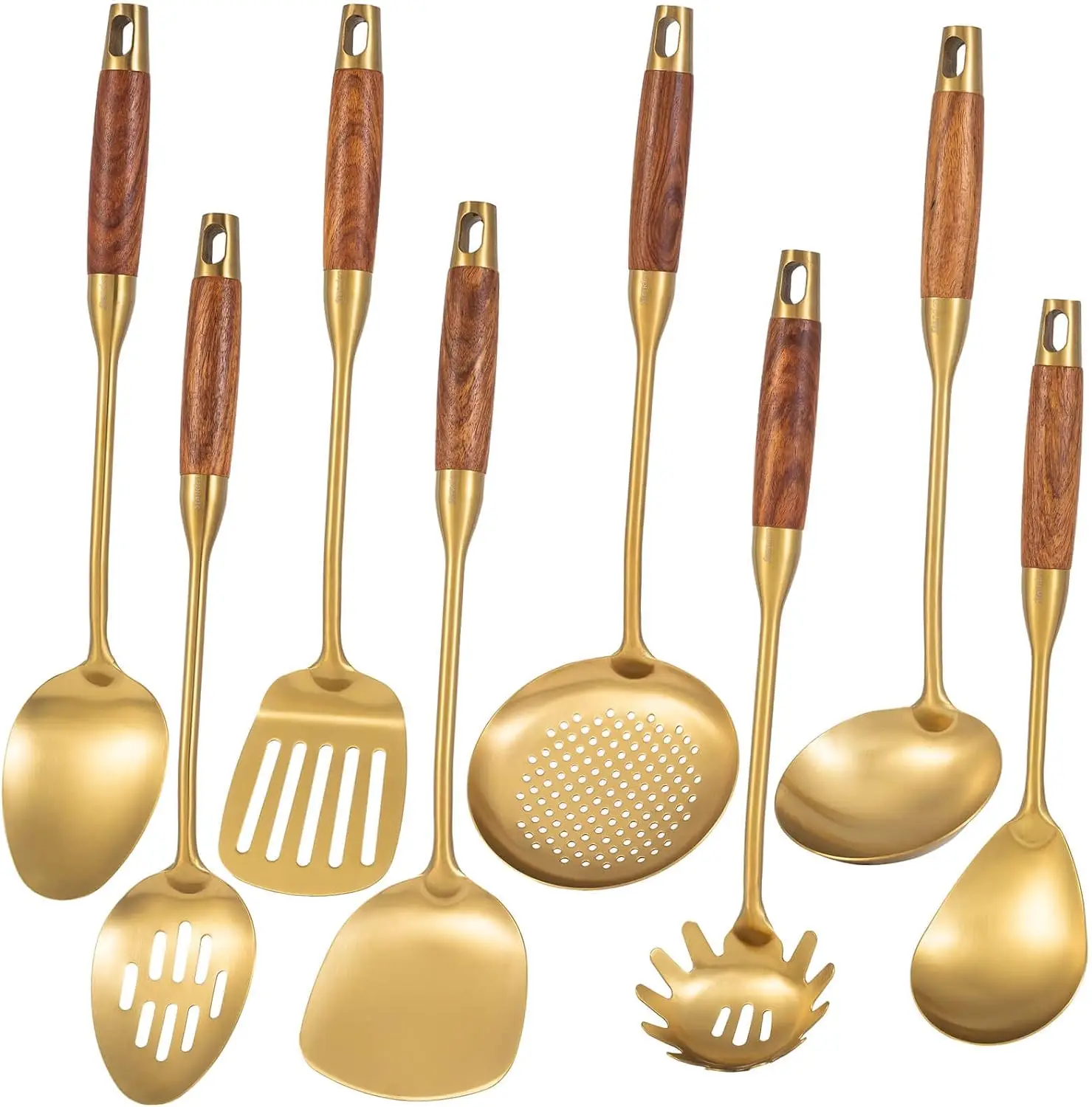 Gold Kitchen Utensils Set With Wooden Handle 8 Pcs Brass Stainless Steel Cooking Utensil