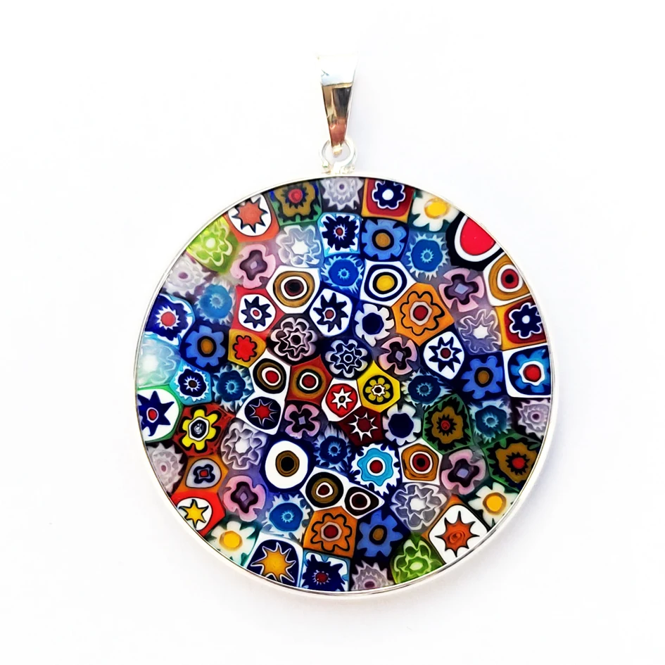 Pendentif Et Chaîne En Verre De Murano Italie Le Murrine Veneziane - Bijou Vintage Occasion