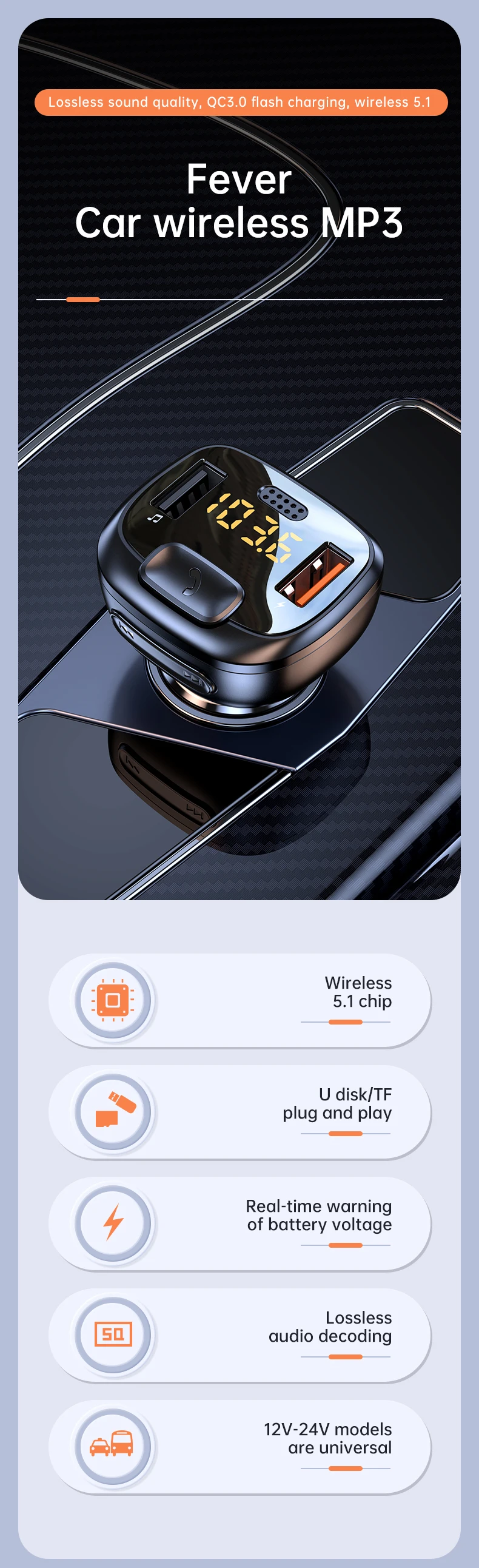 Fm Transmitter Bt 5.0 Hands Free 3.1a Dual Usb Port Car Charger Mp3