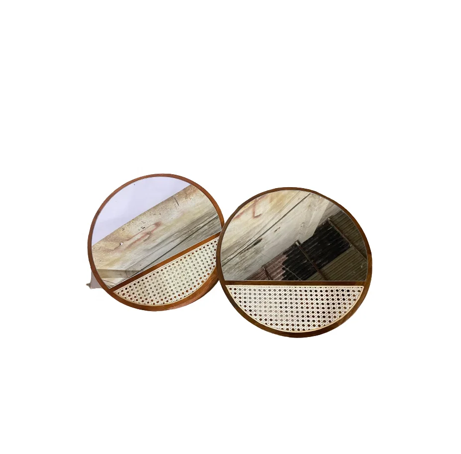 Handmade Modern Round Rattan Mirror with Cane Webbing Design Custom Size Wall Mirror Bathroom Hotel Home Restaurant Decoration