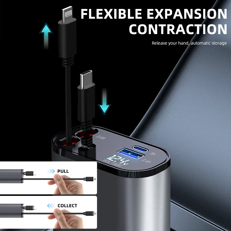 Retractable Car Charger USB Type C Cable Fast Charge Cord Cigarette Lighter Adapter 4 in 1 for Iphone Samsung Phone Charger 60w