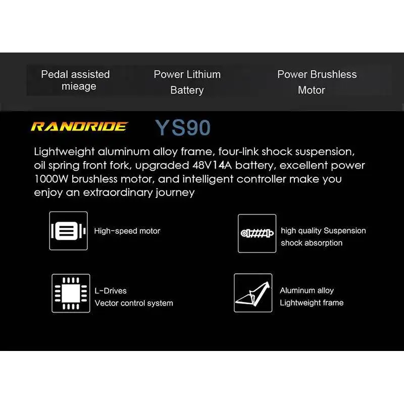 RANDRIDE YS90 Electric Mountain Bike 13.6A Battery with 500W/1000W Motor Full Suspension Aluminum Alloy Frame Max Speed 50KM/h