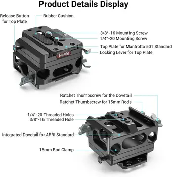 SmallRig Lightweight Base Plate Riser System with Dual 15mm Rod Clamp, Base Plate Magnesium Alloy Version, W/Plate for detail image