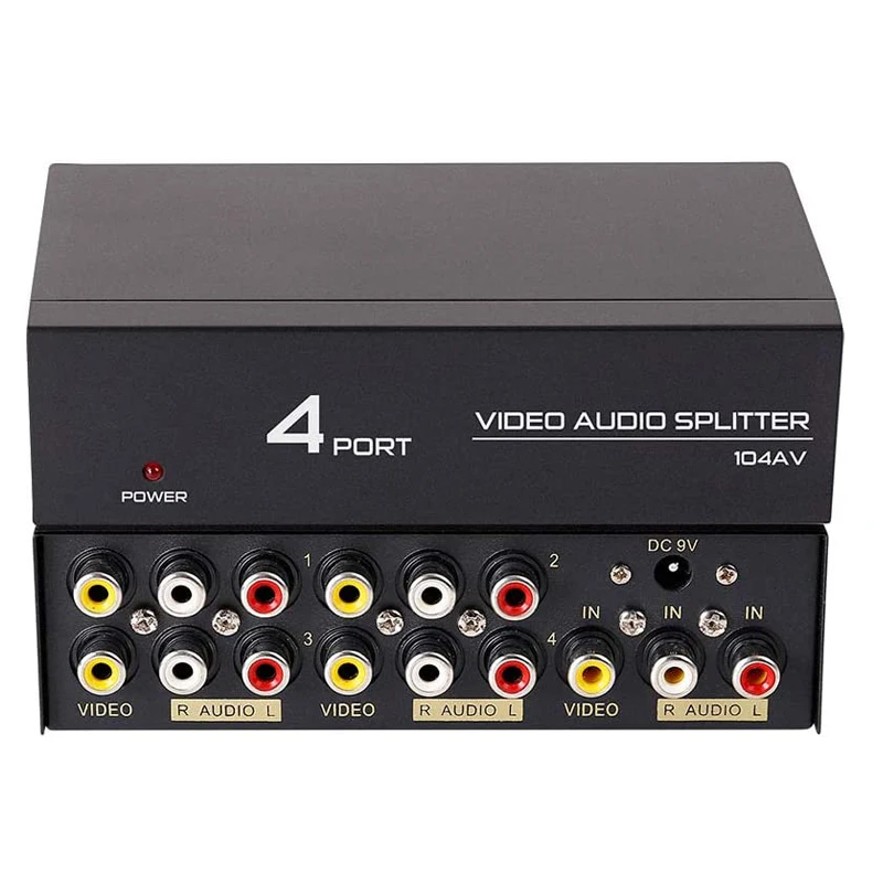 RCA Audio Video Splitter with Composite Cable - 4 Way AV Switch Box for TV, DVR, DVD, VCR, Gaming, Speakers, and More - 1 Input