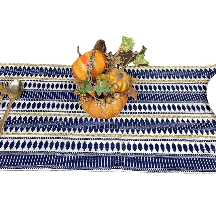 Modern Custom Jacquard Fabric Aesthetic Navy Blue Gold Cotton Woven