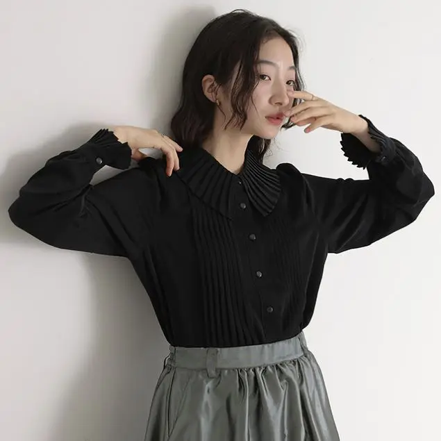 Shell Style Women's Classic Button Front Opening Shirt Collared Big Collar Chubby Body Covering Large Sizes 10s for Girls