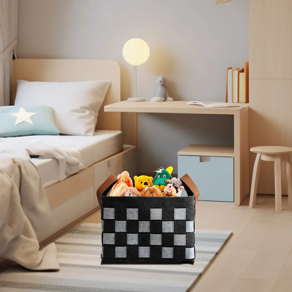 Character square checkerboard felt laundry basket keeping toys tidy in a kids bedroom