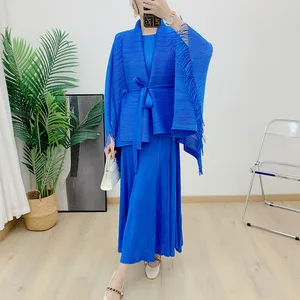 Miyake Pleated 2025 Elegant Tassel Lace-Up  Top Sleeve Dress Two-Piece Spring and Autumn Women's Pleated Suit