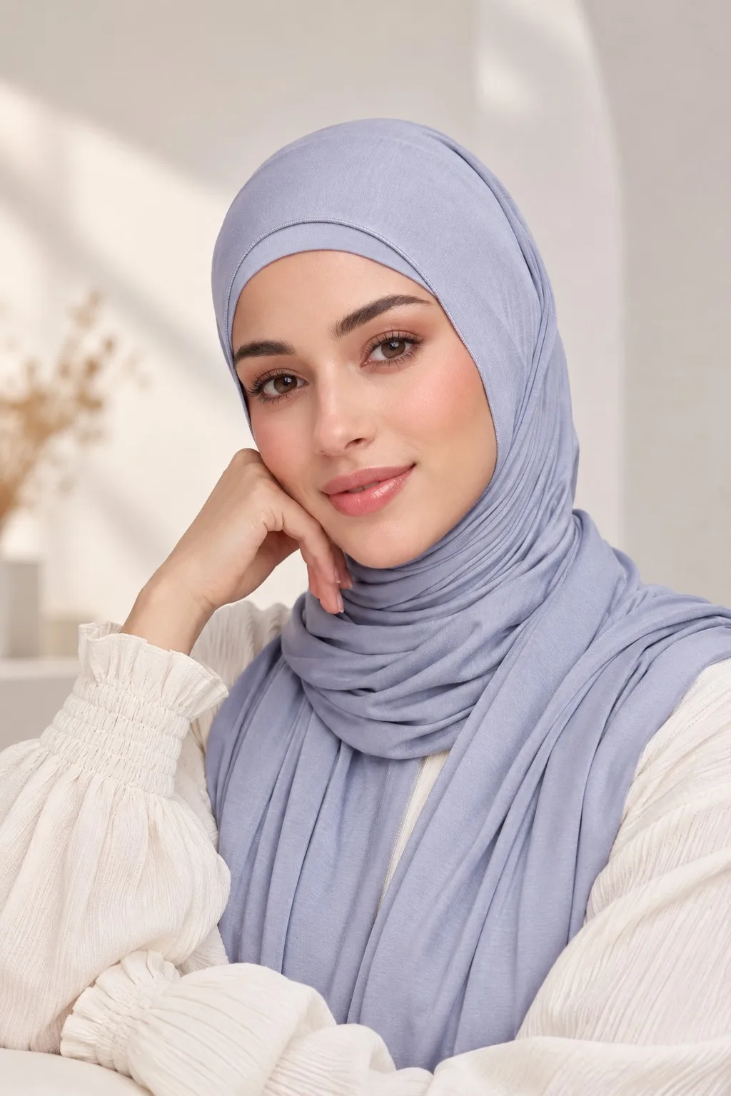Wholesale bamboo jersey hijab set — two models wearing coordinated matching set in periwinkle blue