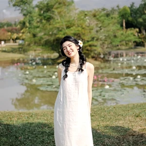 Summer Boho Midi Sundress Custom White Linen Strap Dress Plain Dyed Natural Sleeveless Straight Silhouette Cami Slip Solid