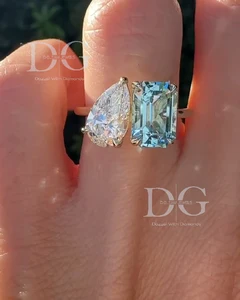 Toi Et Moi Engagement Ring Vintage White Blue Lab Grown Diamond Pear Cut Stone Wedding Band for Women March Birthstone Ring