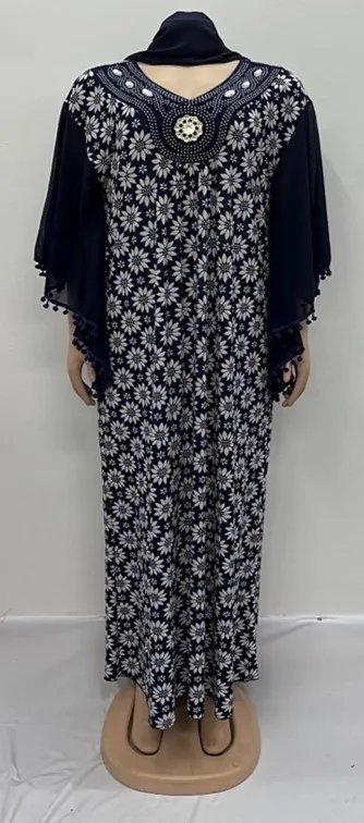 Navy Dress With Pom Pom Sleeves Bejeweled Floral Print Natural ...