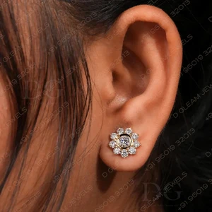 2.15CW Bezel Set Gold Jewelry Lab Diamond Stud Earrings Floral Wedding & Anniversary Halo Cluster Diamond Studs
