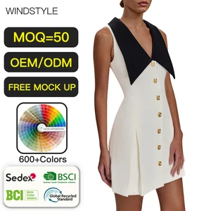 OEM/ODM White Mini Dress Large Lapel Metal Buckle Sleeveless Elegant Party Style Breathable for Summer Dresses