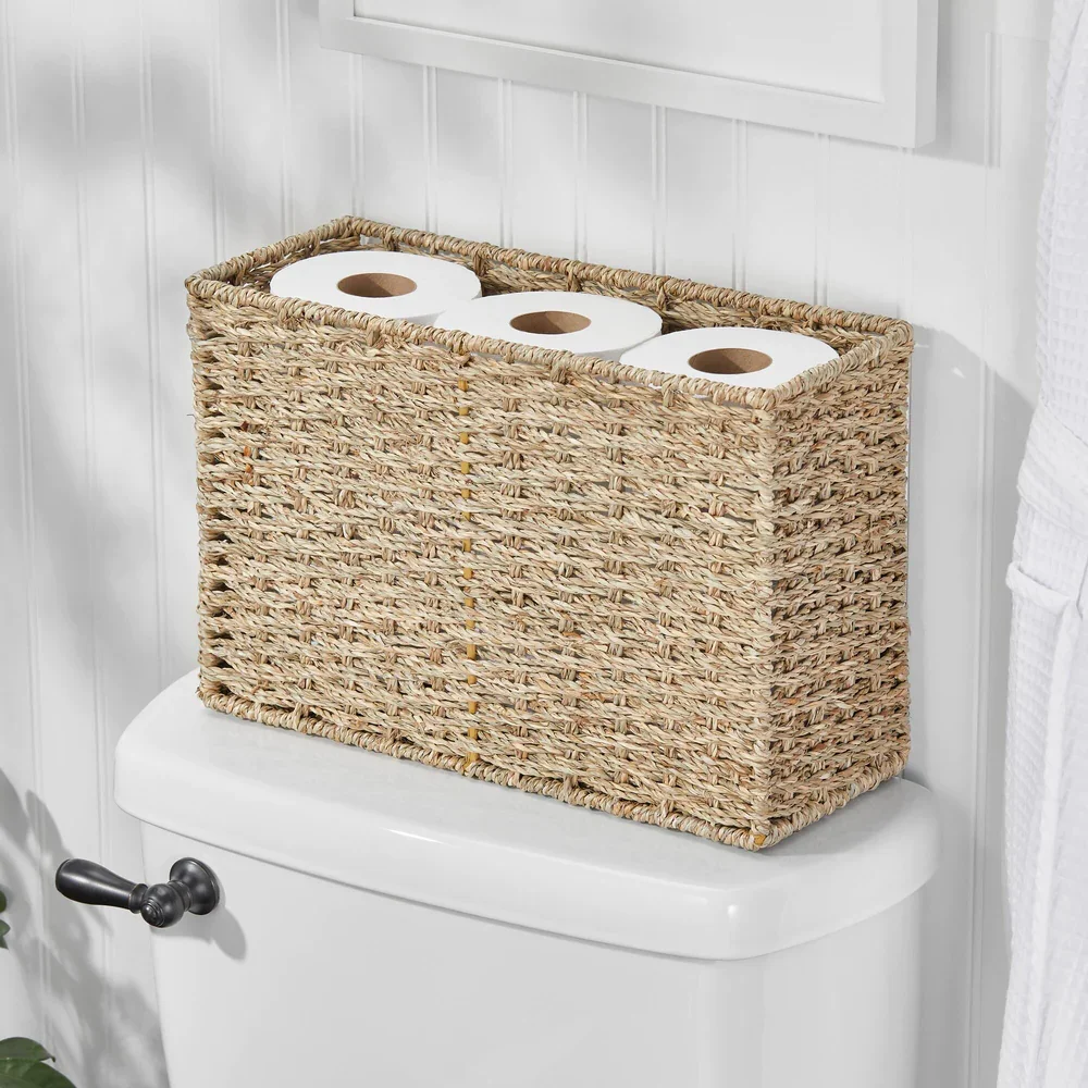 Panier Rangement Herbe De Mer Avec Couvercle 3 Compartiments - Organisateur Salle De Bain/Toilette En Osier Naturel (33x13x11 Cm)