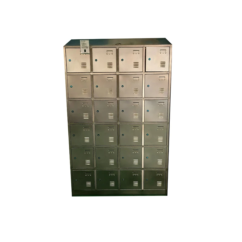 Industrial locker room equipment with stainless steel lockers and sanitation stations