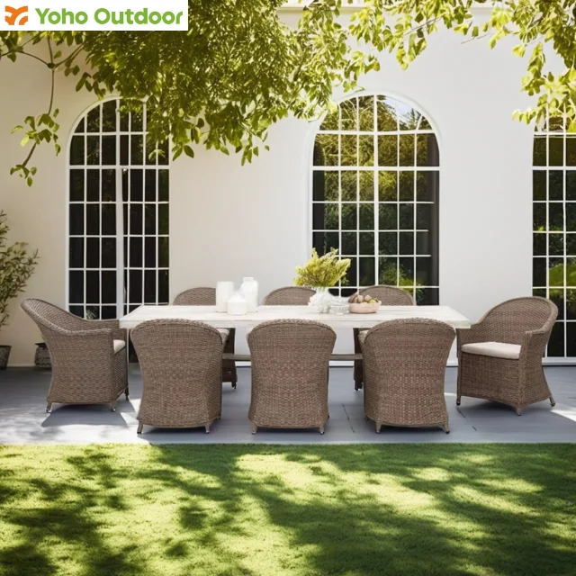 Rectangular Dining Table and 8-Chair Set with 2 Ice Buckets Rattan Outdoor Leisure Garden Furniture