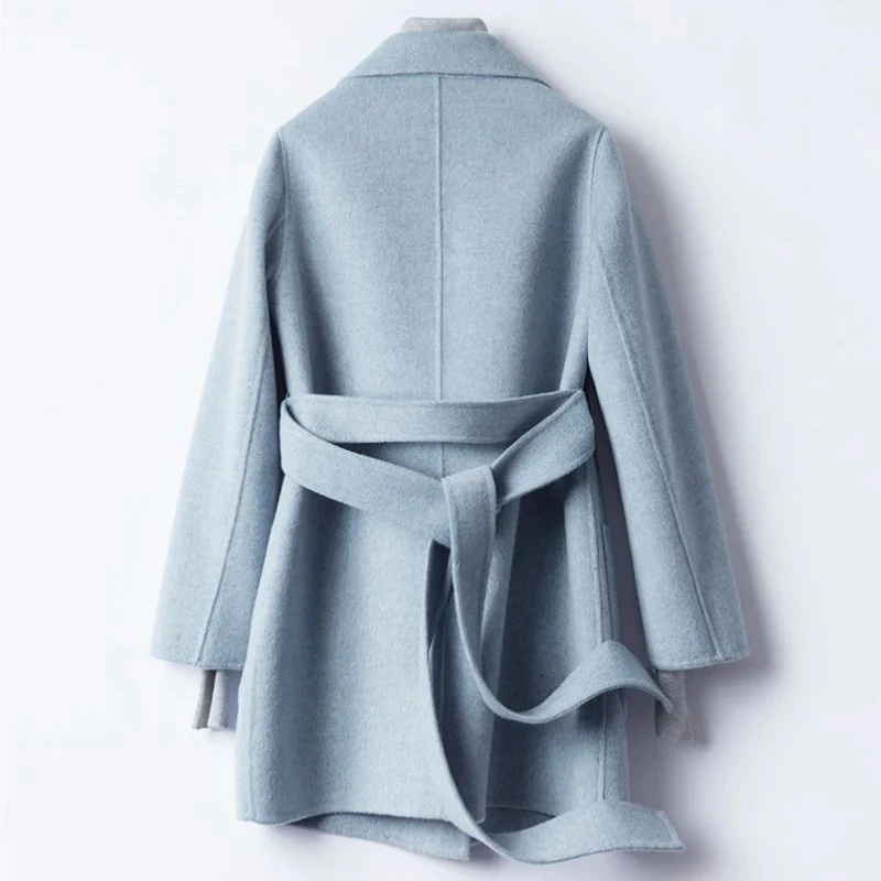 Trendy Ladies Casual Style Wool Blend Blue Trench Coat Long Cotton Breathable Outerwear - Image 4