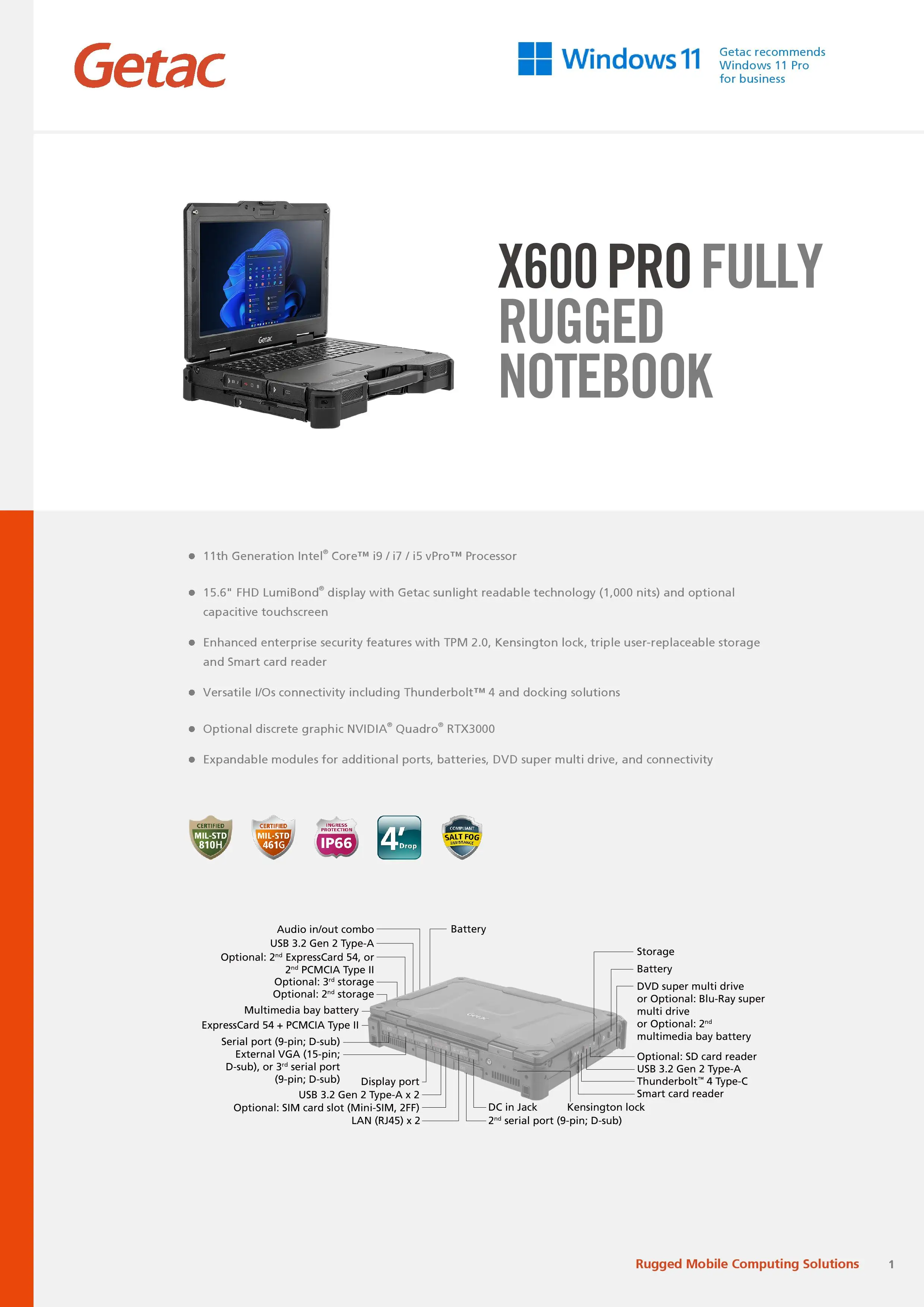 NEW!!! X600 PRO Getac - Fully Rugged Win 11 Pro Notebook  with a 15.6" FHD display with 1,000 nits IP66