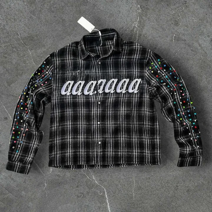 Salati Manufacturer Custom Streetwear Boxy Button up Embroidery Rhinestone Plaid Check Flannel Boxy Cropped Long Sleeve Shirts gallery 7