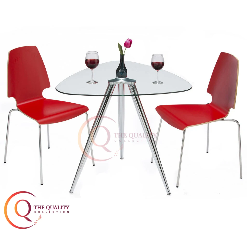Modern Triangular Glass Table with Sleek Stainless Steel Legs a Unique Centerpiece for Contemporary Living Spaces.