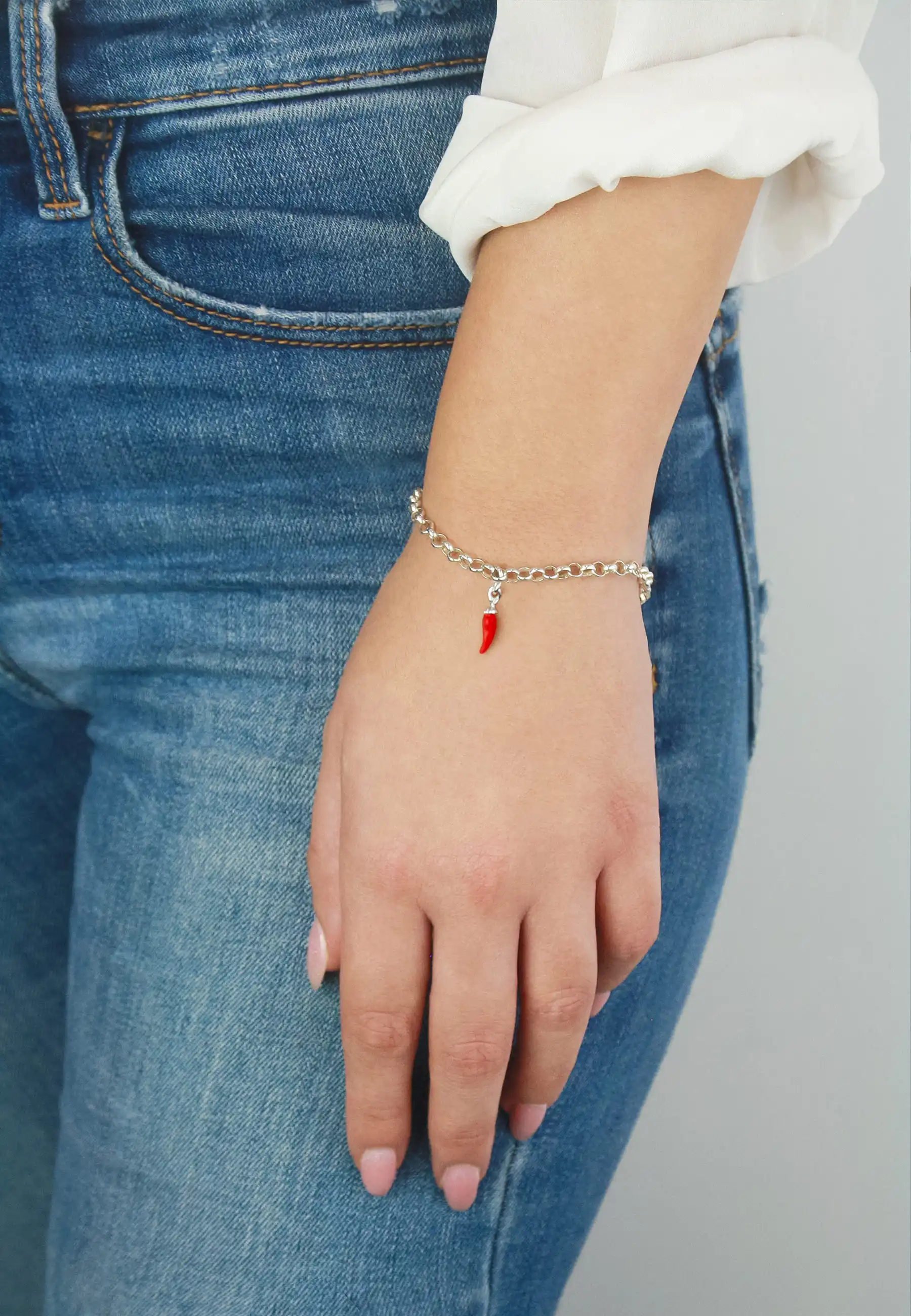Handmade In Italy Rolo Mini Bracelet With Mini Chili Pepper Charm In