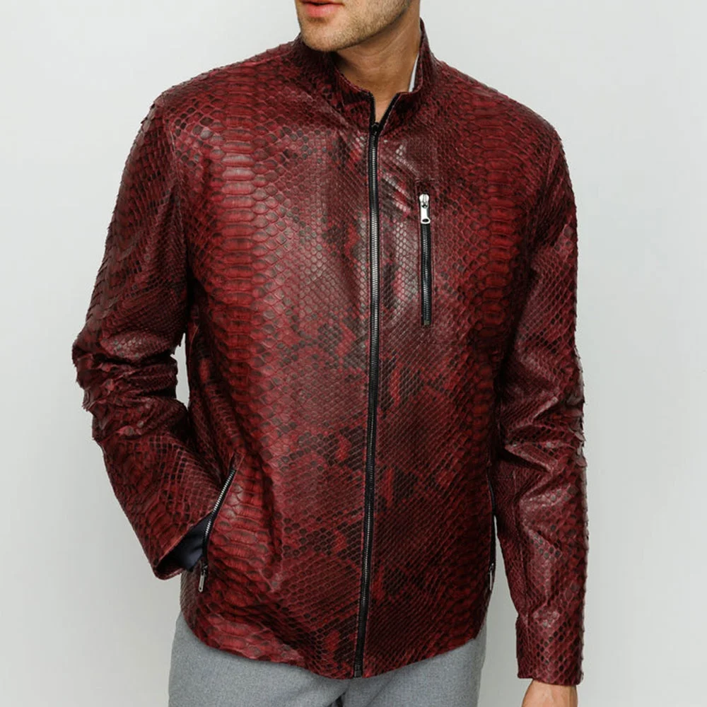 Red Leather Jacket for Men - Python Embossed Snakeskin Style