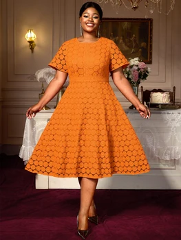AM050748 Orange Hollow Out Dot Women Short Sleeve Casual Summer Lace AOMEI Dresses Women