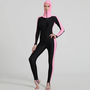 Full Body Hooded Women Swimsuit with Thumb & Foot Straps, Pink & Black Color Block, Long Sleeve Polyester Surf Suit