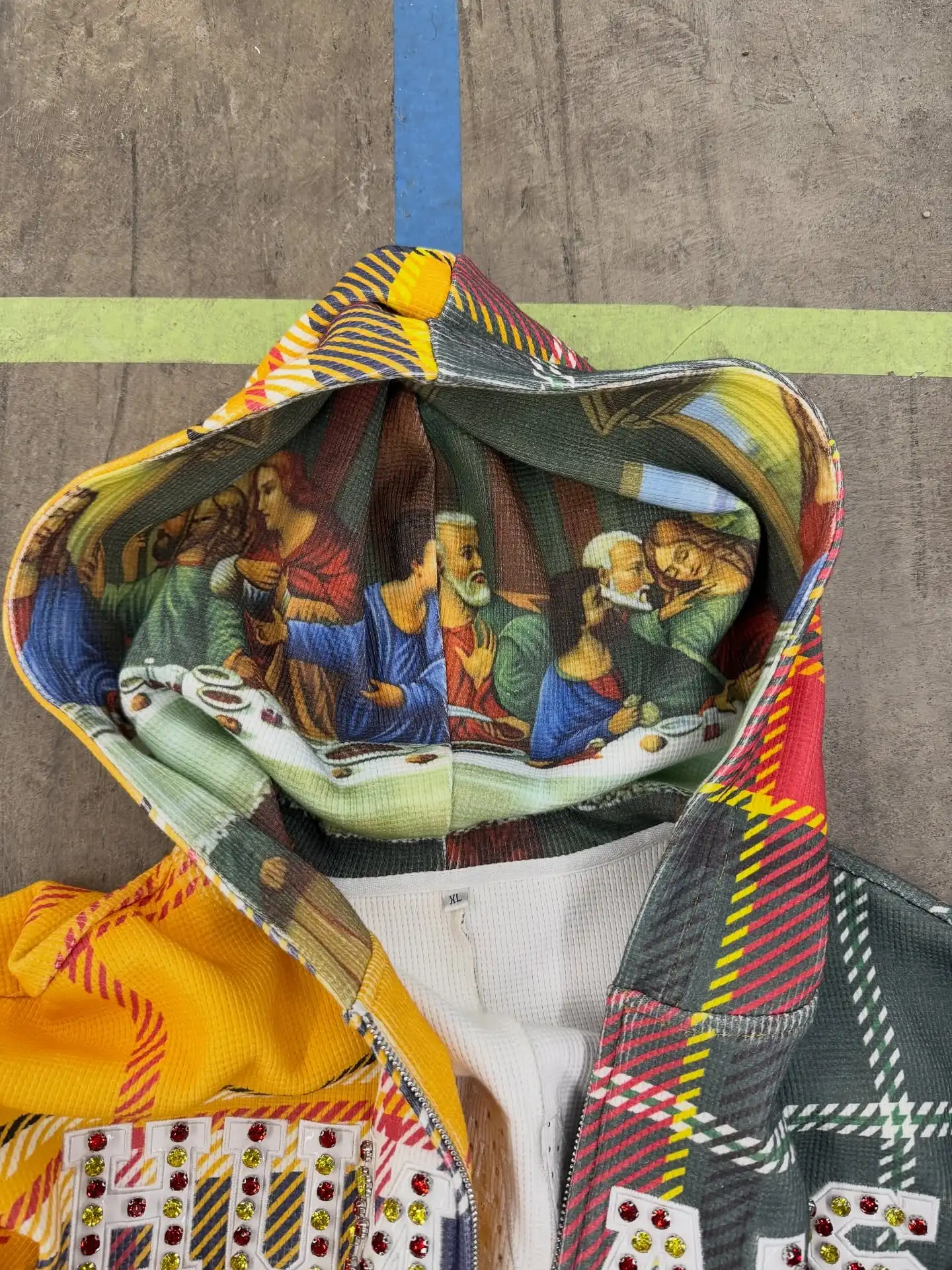 Custom Color Blocked Zip up Jacket Oversized Cotton Terry Acid Wash Cut and Sew Striped Plaid Rhinestone Flannel Hoodie Men gallery 5