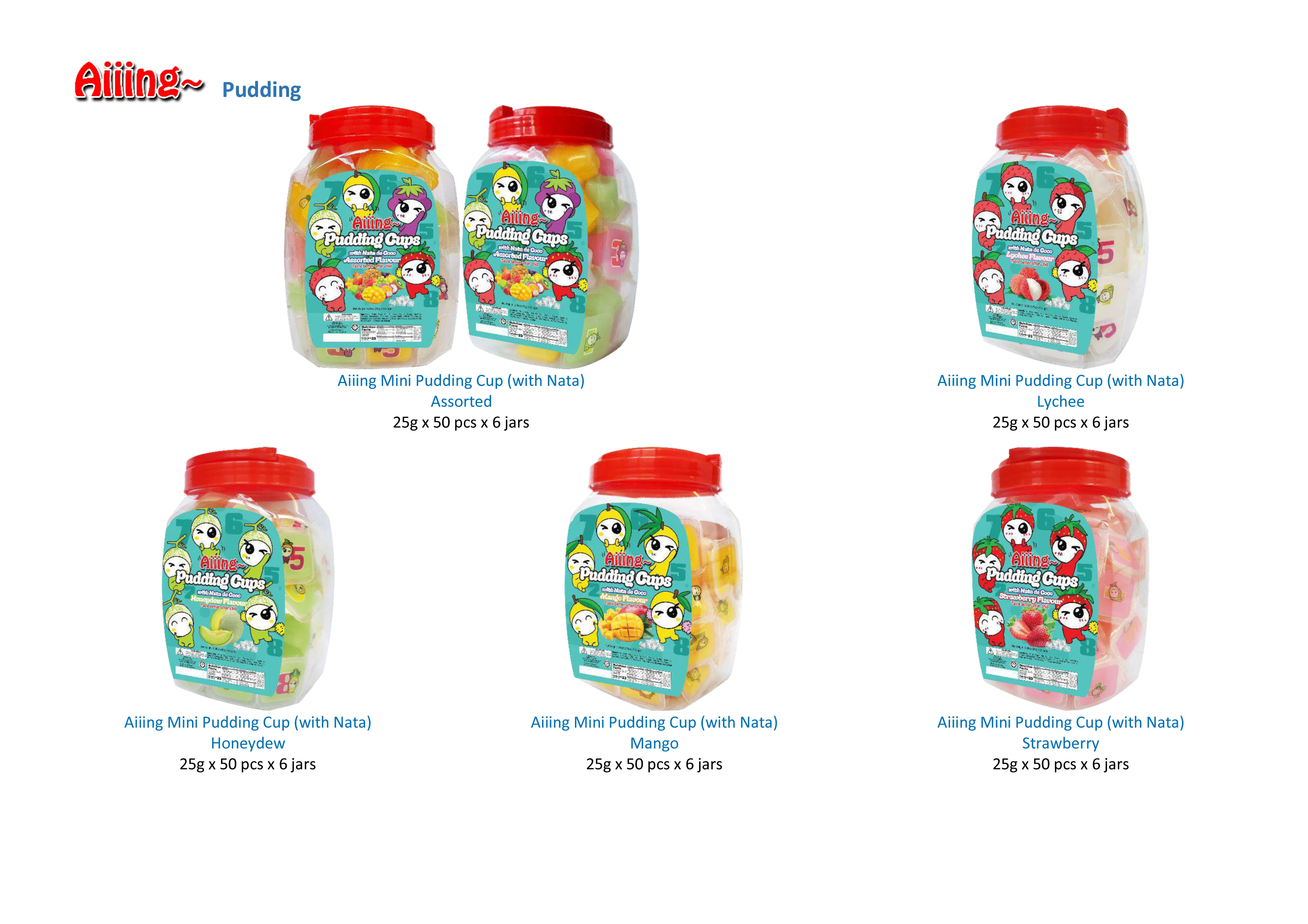 Aiiing Fruit Mini Jelly Cup with Nata De Coco Grapes Mango Lychee Strawberry Assorted Flavor Packet 25g X 27 Pcs X 14 Pkts
