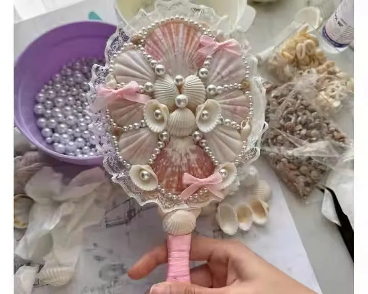 Handcrafted Mermaid Compact Ocean Shell Mirror with Pearls
